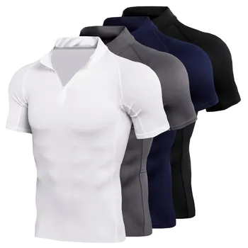 Trumpas rankovėmis sportiniai, vyriški asmeninio trenerio darbo drabužiai, vyriški stovėti apykaklės užtrauktukas fitneso drabužius T-shirt sporto greitas dryi