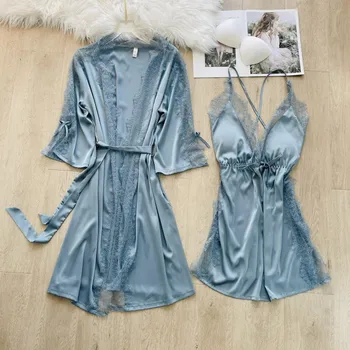 Seksualus Sleepwear 2VNT Skraiste Nustatyti Moterų Chalatas Kimono Suknelė naktiniai drabužiai 2022 Naujus Satino, Šilko Nightdress Ištaigingas Dėvėti Su Nėriniais
