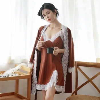 Rudenį Naujų Moterų Kietas Sleepwear Moteris Aukštos Kokybės 2 VNT. Skraiste Nustatyti Medvilnės Chalatas Kimono Nėrinių Suknelė Seksualus Namų Suknelė Pižamą