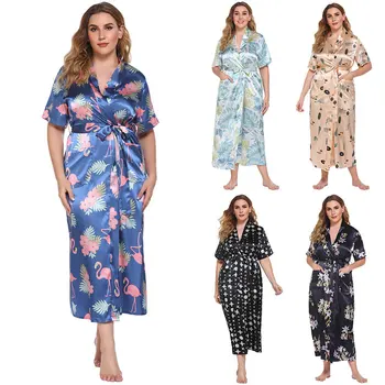 Šilkiniai Satino Plius Dydis 4XL Kinijos Moterų Apdaras Derliaus Spausdinimo Gėlių Chalatas Kimono Namų Suknelė Suknelė Ilgą Pižamą Sleepwear