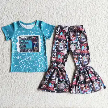 Tiesiog mergina mėlyna balinti viršuje simbolių vaikų drabužių baby girl ' s bell bottom apranga mados pavasario ir vasaros rinkiniai