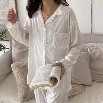 Korėjos Dot Spausdinti Rudenį Pižama Nustatyti Moterys Viena Breasted Marškinėliai Topai + Kelnės Nustatyti Dviejų Dalių Namo Kostiumas Sleepwear Homewear