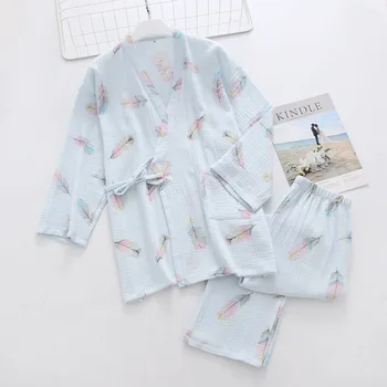 Japonų kimono ponios pavasarį ir vasarą pižama dviejų dalių, trijų ketvirčių rankovėmis kelnės medvilnė krepo nėrinių namuose paslaugų rinkinio