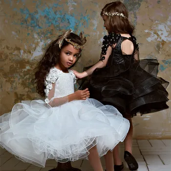Blizgučiais Gėlių mergaičių Suknelės Puošmena-Kaklo, ilgomis Rankovėmis 3D Gėlių Appliques Tiulio Merginos Inscenizacija Kelio Ilgis Suknelės Mergaičių Šalis Suknelė