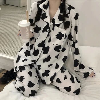 Karvės Spausdinti Rudenį Sleepwear Korėjos Atsitiktinis Mielas Homewear Dviejų Dalių Komplektas Pižamą Apatiniai Kelnės Nustatyti Patogus Japonija A016
