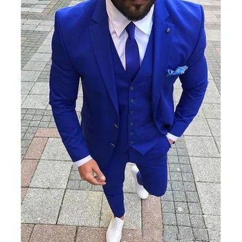 traje hombre Royal Blue Vestuvių Mens Kostiumai Užsakymą Slim Fit Jaunikis Tuxedos Skara Atvartas 3 Gabalas Vyrų Švarkas (Striukė+Kelnės+Liemenė+Kaklaraištis)