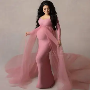 2022 Naujas Nėščios moters nuotrauką šifono suknelė ilgomis rankovėmis Ruožas medvilnės stora montavimo maternit graphydress Motinystės suknelė