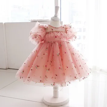 Vaikų drabužiai Bamblys kūdikių vestuvių princesė Gėlių siuvinėjimas Mergaičių suknelės, 1-ojo gimtadienio suknelė mergaitėms suknelė