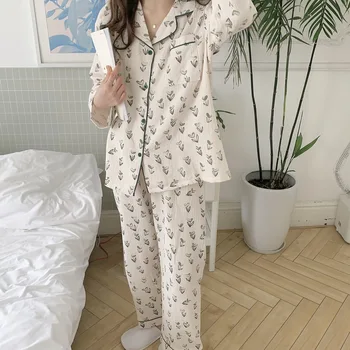 nauji sodinukai ilgomis rankovėmis pavasarį, rudenį pižama nustatyti moterų sleepwear 2 dalių komplektas prarasti medvilnės kelnės homewear pižamos atlošas