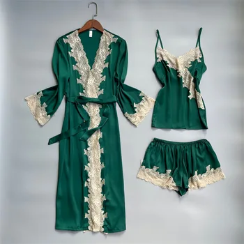 Green Satino 3PCS Sleepwear Moterų Šilkiniai naktiniai marškiniai, pižamos Nustatyti Nėrinių Kratinys Skraiste Kostiumas Seksualus V-kaklo Suknelė Kimono Atsitiktinis Namų Drabužiai