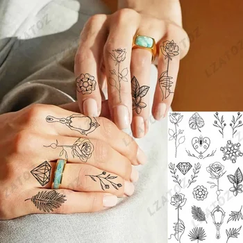 Paprasta Rose Gėlių Laikinos Tatuiruotės Moterys, Suaugusieji Diamond Floros Piršto Netikrą Tatuiruotę Lipdukai 