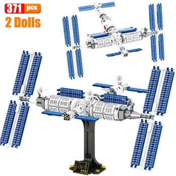 Miestas Kosmoso Aviacijos Kosminės Stoties Statyba Blokai Pilotuojamą Erdvėlaivį Kosmoso Raketų Paleidimo Astronautas Plytų Modelis Žaislai Vaikas