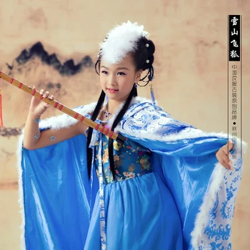 2015 Xue Shan Fei Hu Žiemos Kailių Apykaklės Kostiumas, Apsiaustas Mėlynas Senovės Kinų Kostiumų Paroda Mergaičių Kostiumai