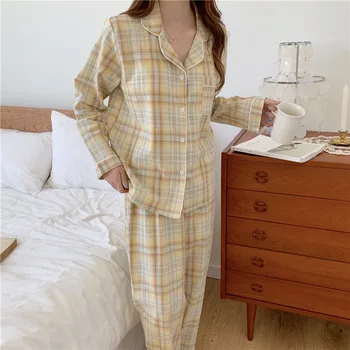 3 spalvos pavasarį, rudenį, 100% medvilnės pižama nustatyti moterų sleepwear namų drabužius 2 dalių komplektas plaid marškinėliai homewear kelnes pijamas