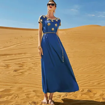 Mėlyna Satino Rankomis pasiuvo Deimantų Drerss trumparankoviai Mot. Retro Suknelės, Mados Dubajus Kelionės Vakaro Suknelės Vestidos Largos