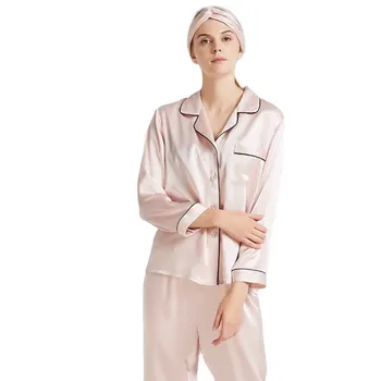 100% Mulberry Šilko Pižama Rinkiniai Aukštos Kokybės Visą Ilgį Mygtuką Stiliaus Ilgas Rankovėmis Naktiniai Drabužiai Moterims, Patogus, Minkštas Sleepwear
