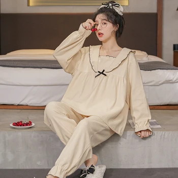 Medvilnės Pijama Nustatyti Moterų Sleepwear Viršūnes Ilgai Pižamos Komplektas Rudens Žiemos Homewear Moterų Atsitiktinis Sleepwear Naktiniai Drabužiai Pajama Komplektai