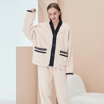 Naujas Žiemos Moteriška Pižama Sleepwear Dviejų dalių Komplektas Šiltas Flanelė Kelnių Kostiumai, naktiniai drabužiai su Kišenėje Prarasti Koralų Vilnos Namų Drabužiai