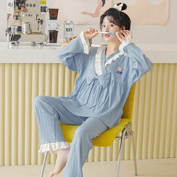 Plius Dydis M-5XL Kimono Sleepwear Moterų Medvilnės Pižama Nustatyti, Pavasarį, Rudenį Namuose Kostiumas Pjs Moterų Pijamas Mielas Ilgo Miego Viršūnės