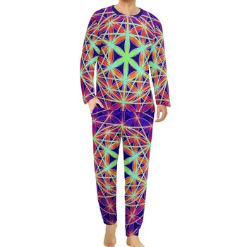 Šventas Geo Spausdinti Pižama ilgomis Rankovėmis Psichodelinio Gyvenimo Gėlė 2 vnt Kambarys Pajama Komplektai Rudenį Vyrų Puikus Negabaritinių Sleepwear