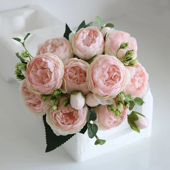 30cm Rose Pink Silk Bijūnas Dirbtinių Gėlių Puokštė 5 Dideli Galvos ir 4Bud Padirbtų Augalų Apdaila Netikrą Gėlės Namuose Vestuvių