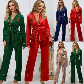 Korėjos Aksomo Sleepwear Pižama 2 Dalių Komplektas Ponios Rožės Siuvinėjimo Prabanga Housewear Kostiumas Viršuje Kelnės Pižama Loungewear Rinkiniai