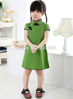 Žalioji Kinijos Mergaičių suknelė baby girl drabužius vasarą Kūdikis QIPAO cheongsam chi-pao medvilnės Tradicinės suknelės, Drabužiai Vaikams