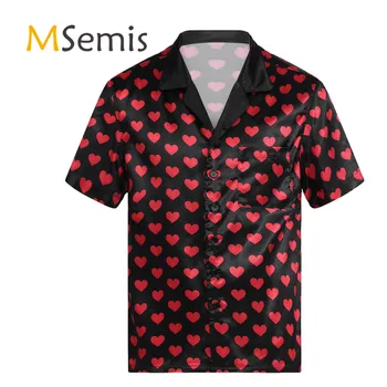 Vyrai Miego Viršūnes Kontrasto Spalvų Širdies Spausdinimo Satino Pižama Lounge Viršūnes Trumpomis Rankovėmis Mygtuką Žemyn Marškiniai Sleepwear Homewear