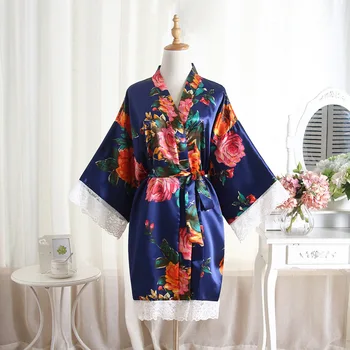 Moterų Tamsiai Mėlynas Chalatas Kimono Dirbtiniais Šilko Gėlių Spausdinti Skraiste Suknelė Saldus Nėrinių Apdaila Pižamą Pavasario Vasaros Atsitiktinis Sleepwear