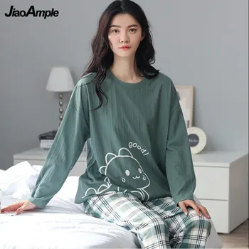 S-5XL Moterų Pižama Rudenį Naujų Medvilnės ilgomis rankovėmis Kelnės Pijamas 2 Gabalas korėjos Elegantiškas Spausdinti Sleepwear Homewear Kostiumas