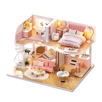 Naujas Medinis Lėlių Namas Miniatiūriniai Baldai Su LED Komplektas Rožinė Princesė Dollhouses 