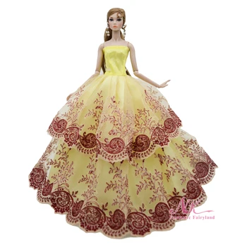 NK 1 Vnt. Geltona Ruda Nėrinių Gėlių Vestuvių Suknelė Barbie Lėlės Multi-layer Komplektus Šalis Suknelė FR 1/6 Lėlės Reikmenys, Žaislai