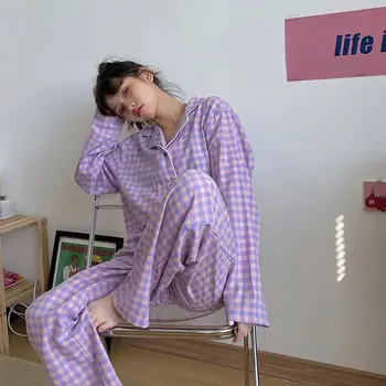 Mados Korėjos Violetinė Tinklelis Mergaičių Naktiniai Marškiniai, Pižamos Nustatyti Mielas Pavasario Ilgomis Rankovėmis Laisvalaikio Sleepwear Moterų Prarasti Naktiniai Drabužiai Homewear Kostiumas