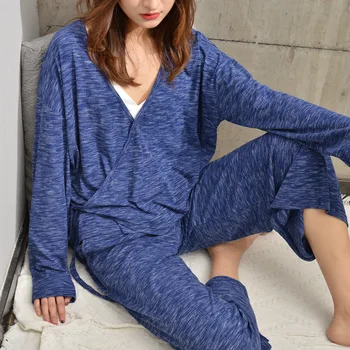 2019 M. Pavasarį Naujas Japonų Kimono Womens Pižama Prarasti Komforto V-Kaklo, Ilgomis Rankovėmis Pižama Kelnės Atsitiktinis Sleepwear Pijamas Rinkinys