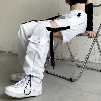 Moterų Gotikos Techwear Balta Krovinių Kelnės Moterims Punk Streetwear Tuščiaviduriai Iš Kišenės Rudenį Pločio Kojų Kelnės Moteriška Korėjos Mados