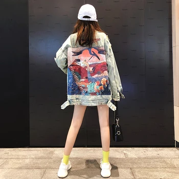 Harajuku Streetwear Spliced Animacinių filmų Dinozaurų Džinsinio striukė moteriški drabužiai Šviesos spalva Rudenį Atsitiktinis Ilgas Džinsinis paltas Moteriška