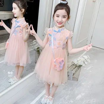 Mergaičių Vasaros Suknelė 2021 Nauja Vaikų Elegantiškas Vakarų Stiliaus Cheongsam Mielas Princesė Dress Siuvinėjimo Ju Siūlų Vintage Suknelė 12T