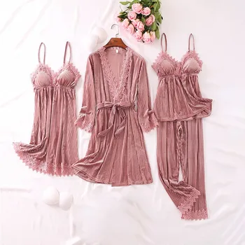Dryžuotas Veliūras 4PCS Skraiste Rinkinys Sexy Nėrinių Pižamos Kostiumas Femme Rudens Žiemos Sleepwear Dirželis Nighty Kimono Pižama naktiniai drabužiai Homewear