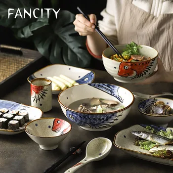 FANCITY Ranka-dažytos keraminiai stalo reikmenys, underglaze namų ryžių dubenėlius, sriuba dubenys, makaronų, indai, dubenys