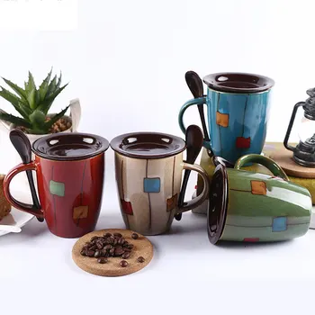 Kūrybos Spalvingų Keramikos Puodelis Kavos, Pieno Puodelis Arbatos Puodelis Espresso kavos Puodeliai Su Šaukšteliu ir Dangteliu Drinkware Novetly Dovanos