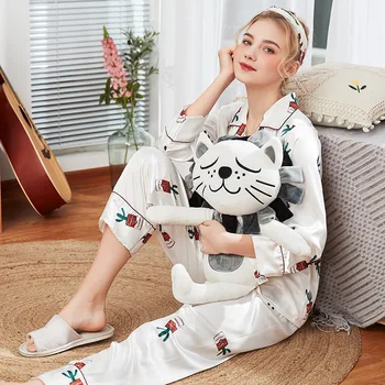 Lady Naujo Stiliaus Spausdinimo Sleepwear ilgomis rankovėmis Ledo Šilko Satino Namų Drabužiai-Dviejų dalių kostiumėlį Nustatyti Studentų Laisvalaikio Pižamą J054