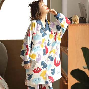 Nauja Rudens Pižama Moterims, Ilgai Sleepwear Kostiumas Medvilnės Pižamos ilgomis Rankovėmis Turn-žemyn Apykaklės naktiniai drabužiai M-3XL Pyjama